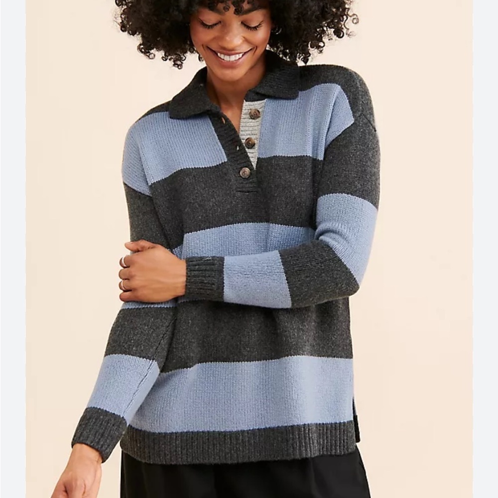 Madewell | Rugby Stripe Polo Sweater in a blue and gray wool-blend knit Size XS